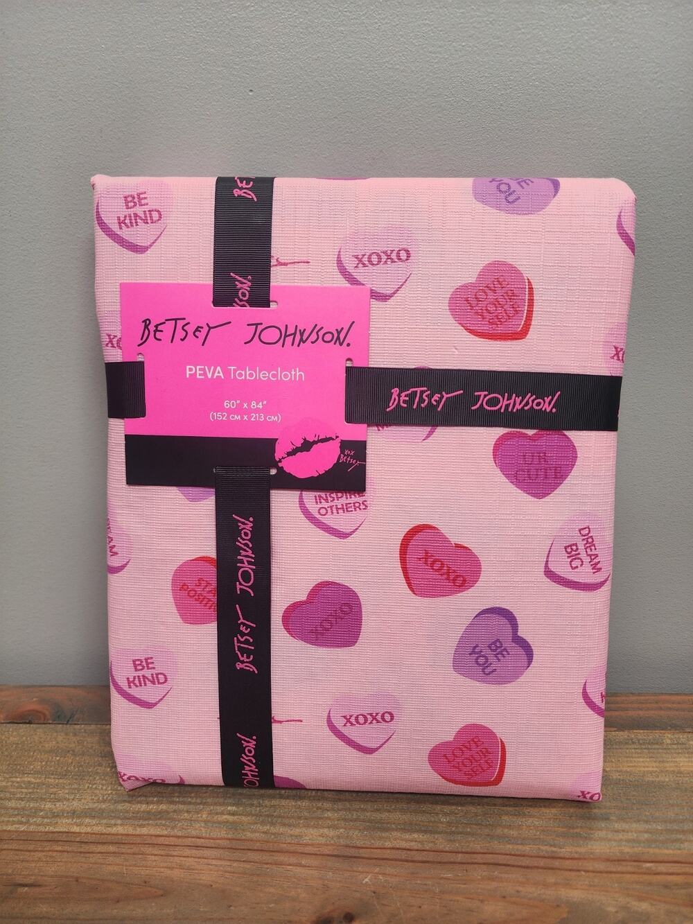 Betsey Johnson Peva Tablecloth Pink Valentine Candy Hearts Theme 60"X84"
